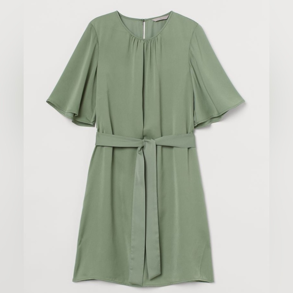 H&M - Tie-belt Satin Dress - Sage Green - Small